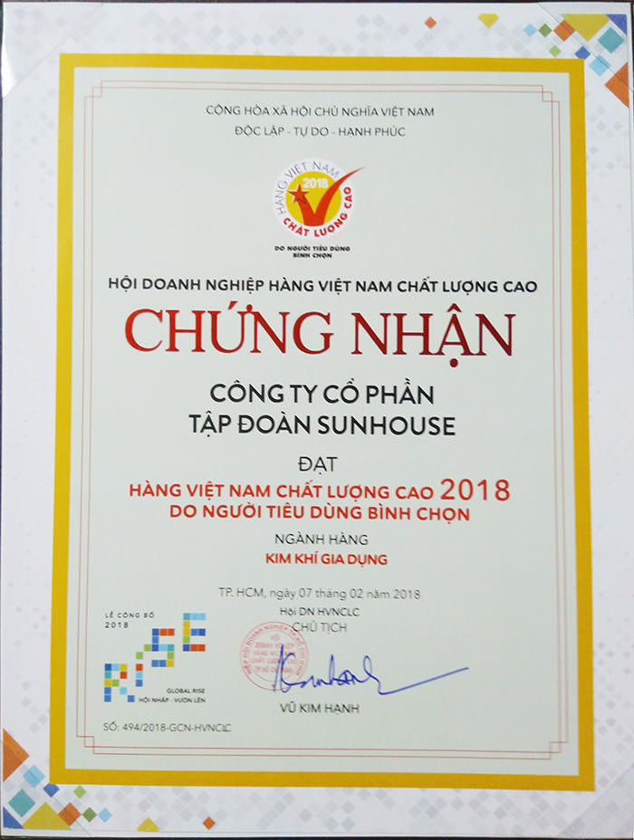 Luôn đặt chất lượng sản phẩm lên hàng đầu, SUNHOUSE tiếp tục đạt danh hiệu Hàng Việt Nam chất lượng cao 2018 1