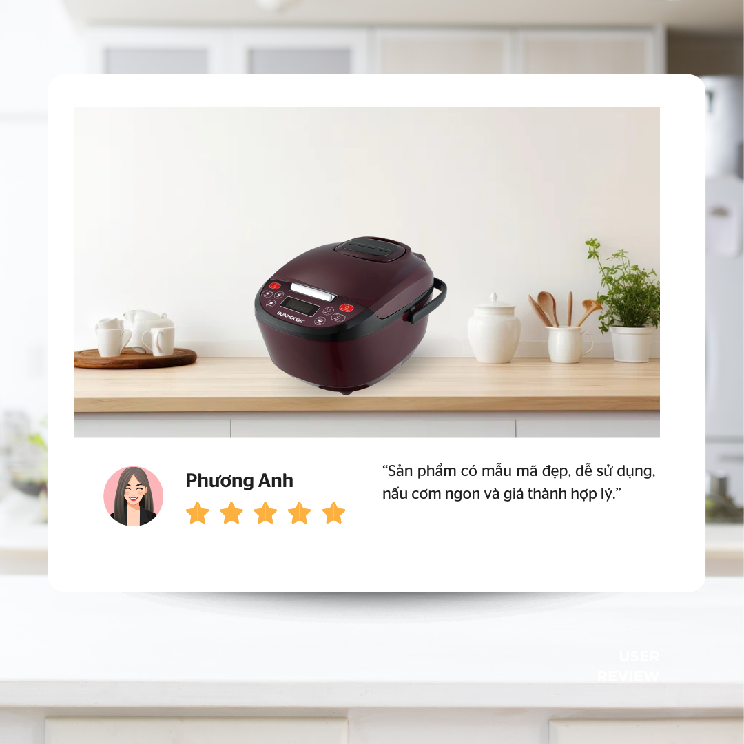Bạn Phương Anh nhận xét nồi cơm SUNHOUSE có mẫu mã đẹp, dễ sử dụng