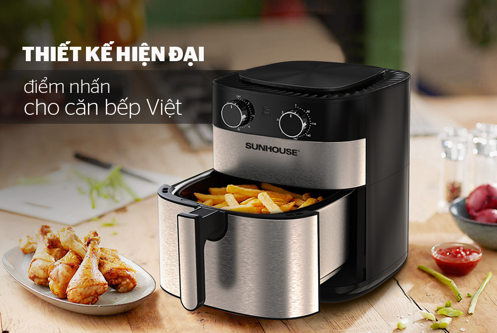 Nồi chiên không dầu SHD4026 sở hữu thiết kế hình hộp vuông vức, bo tròn ở các cạnh với tông đen - bạc cực sang trọng và hiện đại 