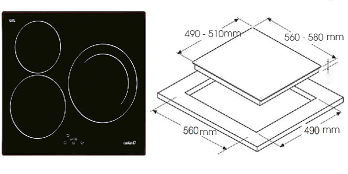 Kích thước bếp điện từ âm 3 vùng nấu