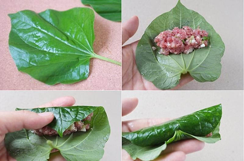 Thao tác cuốn thịt bò với lá lốt