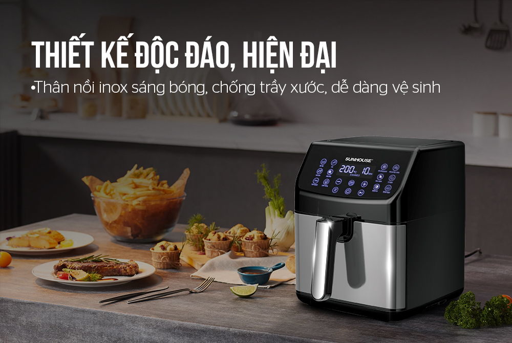 Nồi chiên không dầu vuông SHD4087 sở hữu thiết kế vuông như một chiếc hộp, mặt trên vát nghiêng tích hợp bảng điều khiển cảm ứng vô cùng ấn tượng 