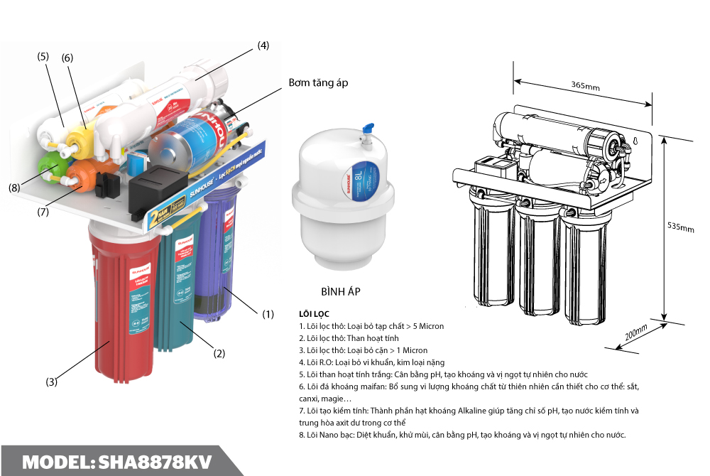 Máy lọc nước R.O không vỏ SUNHOUSE 8 lõi SHA8878KV 061