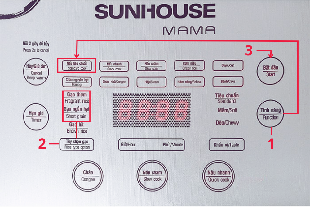 3 bước thao tác bấm nút nồi cơm điện tử SUNHOUSE nấu món cơm gà