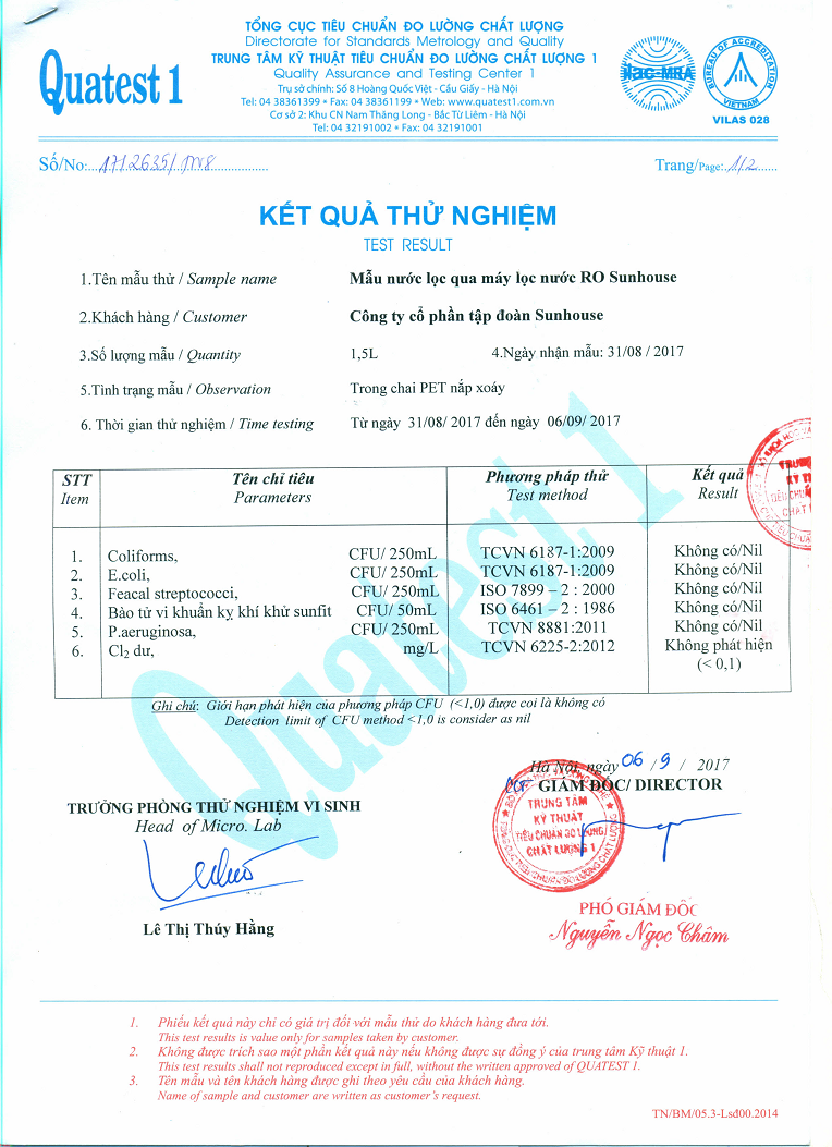 Tông cục tiêu chuẩn đo lường chất lượng thực hiện thủ nghiệm với mẫu nước từ máy lọc nước SUNHOUSE