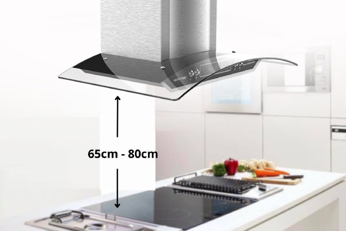 Lắp máy hút mùi cách bếp bao nhiêu? Khoảng cách máy hút mùi kính cong đến bếp cần dao động từ 65 - 80cm