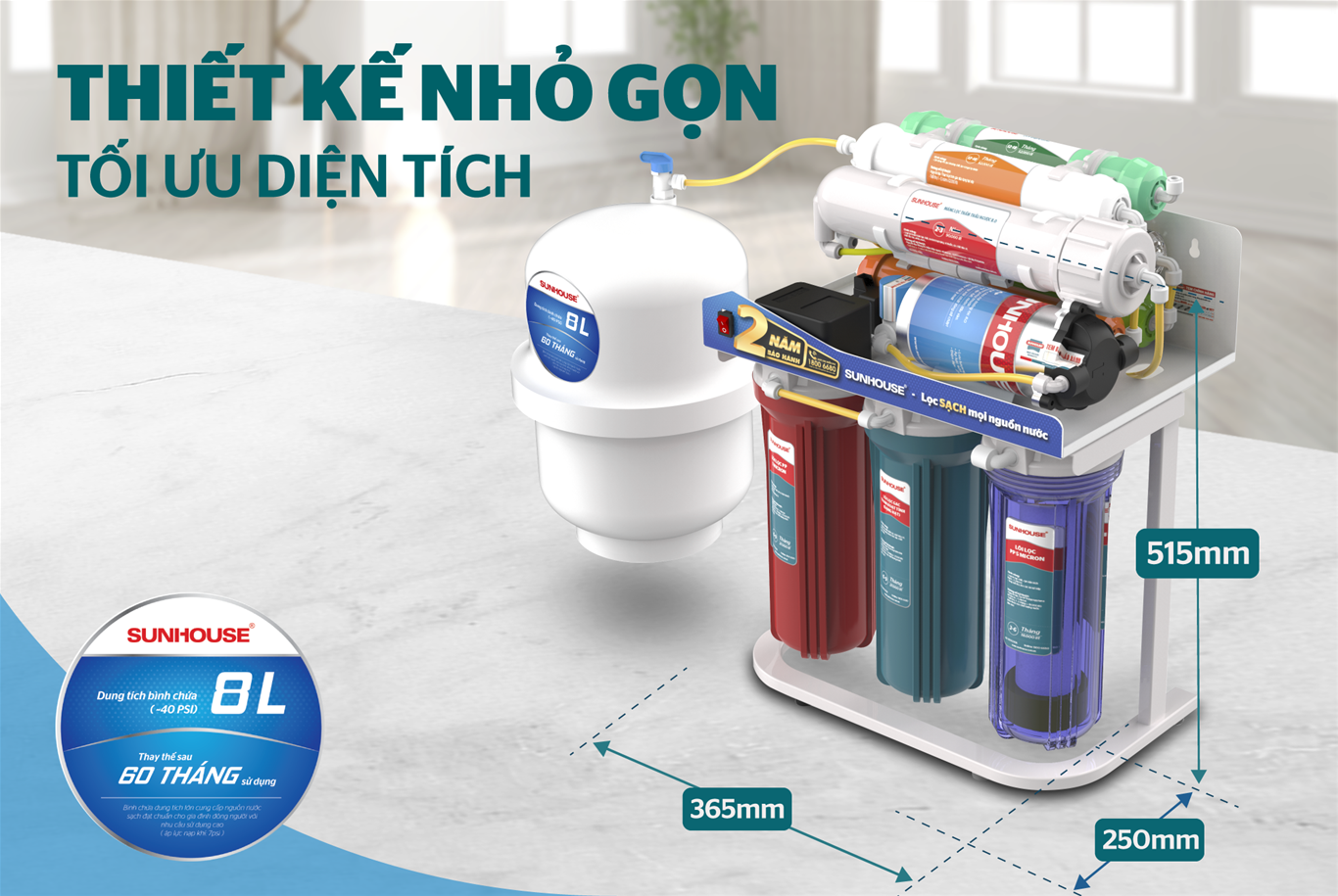 Máy lọc nước tiết kiệm không gian bếp