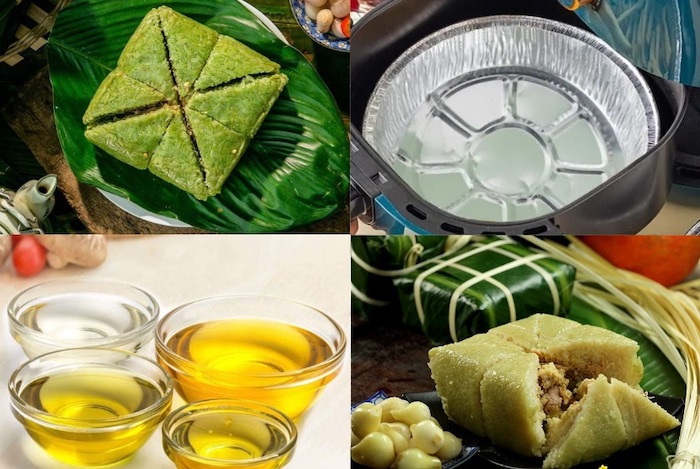 Các nguyên liệu không thể thiếu để rán bánh chưng bằng nồi chiên không dầu là bánh chưng, dầu ăn, giấy nến,..