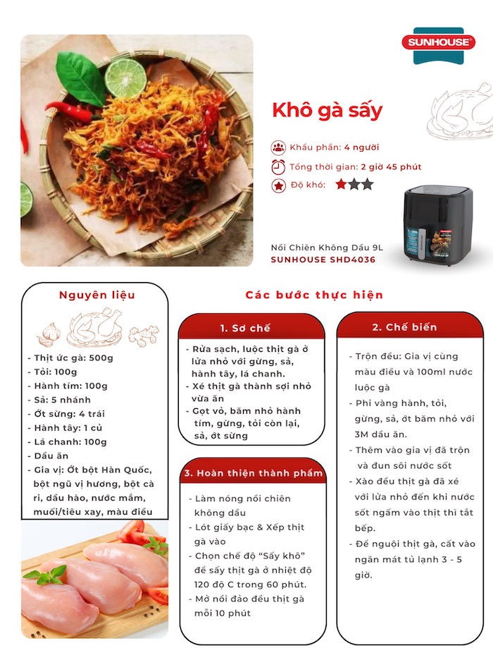 Một số nguyên liệu cần thiết để chuẩn bị món khô gà lá chanh bằng nồi chiên không dầu cho khẩu phần cho 4 người