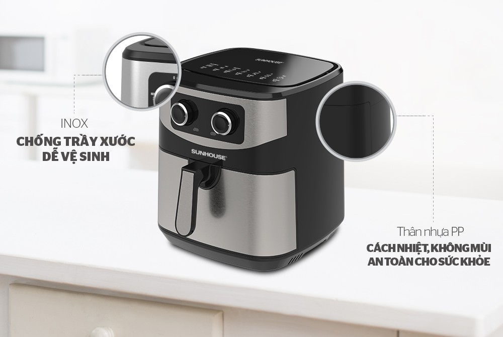 Nồi chiên không dầu làm bằng chất liệu inox và nhựa bóng dễ vệ sinh 