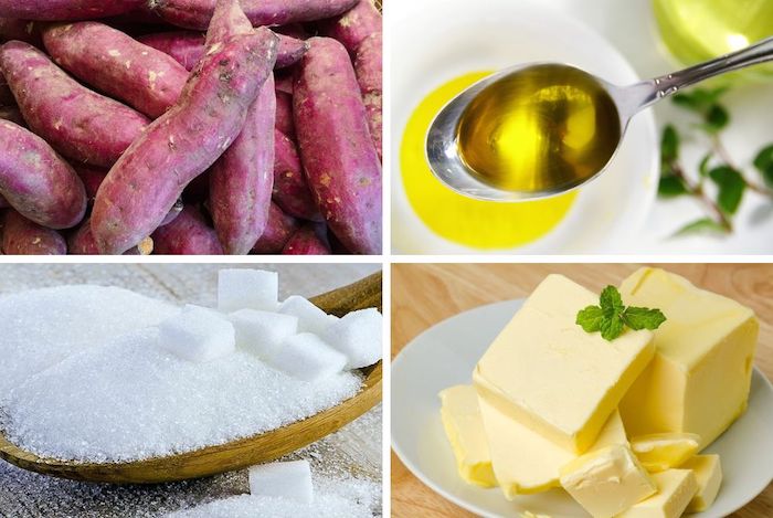 Tổng hợp nguyên liệu cần chuẩn bị cho món khoai lang chiên bằng nồi chiên không dầu