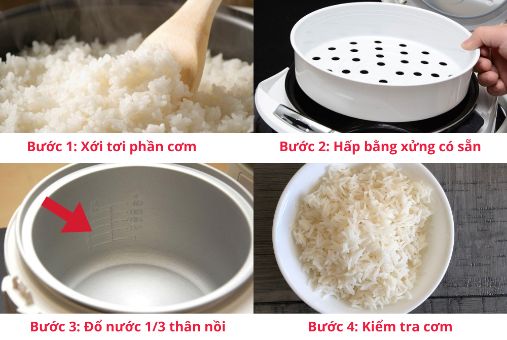 Các bước xử lý phần cơm bị sượng, sống bằng cách hấp