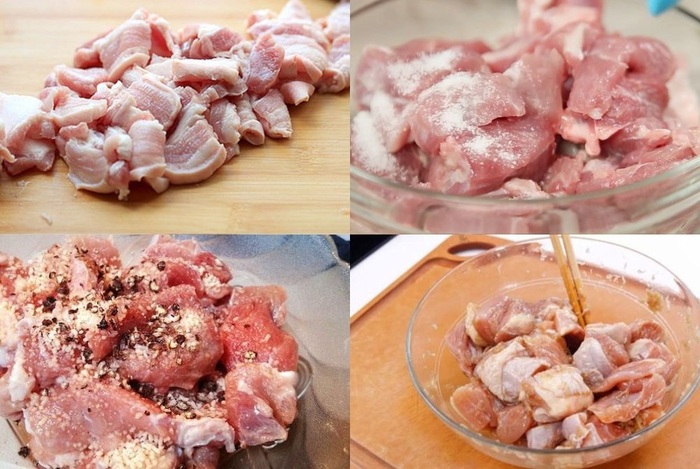 Thái nhỏ thịt và ướp đều gia vị trong khoảng 20 phút