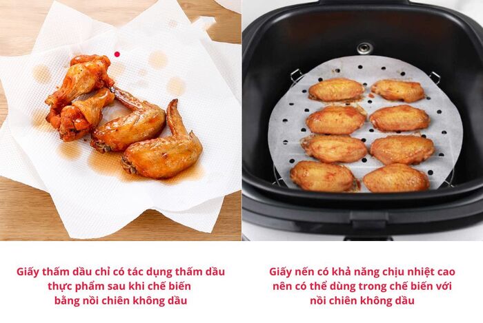 Giấy nến có thể sử dụng khi chế biến thực phẩm với nồi chiên không dầu, còn giấy thấm dầu chỉ nên dùng sau khi chế biến 