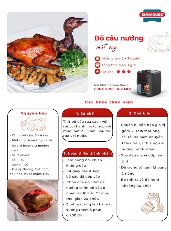 Một số nguyên liệu cần thiết để chuẩn bị món bồ câu nướng mật ong bằng nồi chiên không dầu cho khẩu phần từ 2 - 3 người