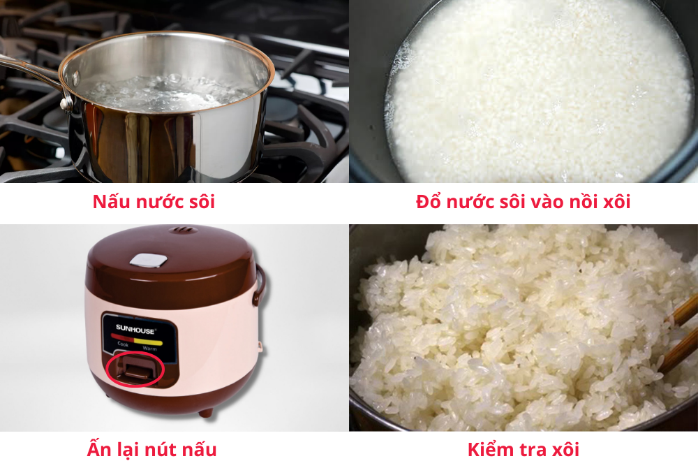 Các bước xử lý xôi bị sống bằng nước sôi giúp xôi được nấu chín đều và dẻo 