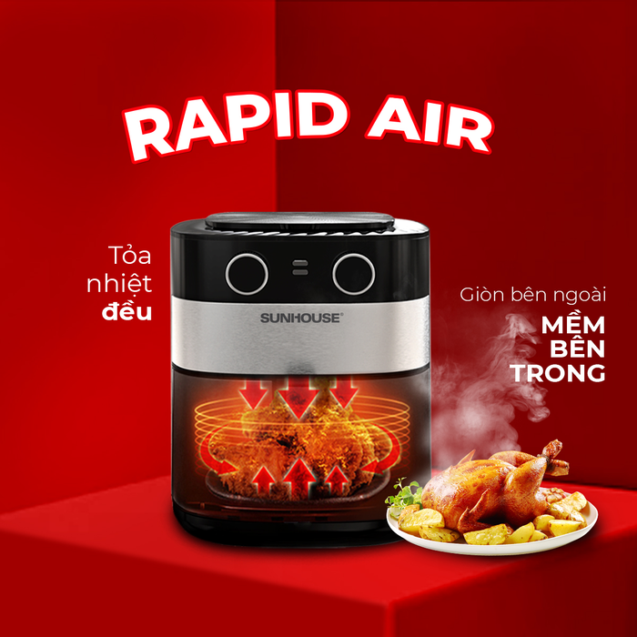 Nồi chiên không dầu 9L SUNHOUSE sử dụng công nghệ Rapid Air giúp thực phẩm vàng giòn bên ngoài và mềm ẩm bên trong 