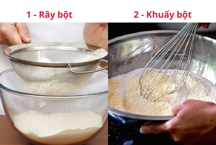 Hai bước trộn bột bánh đơn giản: Rây bột và khuấy bột.