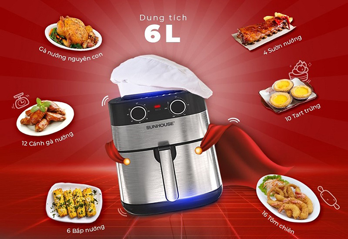 Dung tích nồi chiên không dầu 6L SUNHOUSE SHD4026 giúp bạn có thể nấu ăn cho cả gia đình từ 3-4 người. 