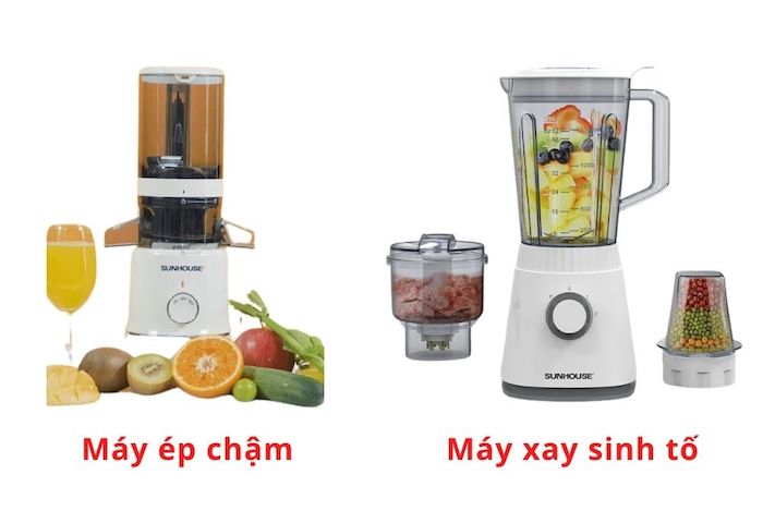 Máy ép chậm có khả năng ép được trái cây, rau củ, các loại hạt, trong khi đó máy xay sinh tố có thể xay được cả thịt, tôm,...