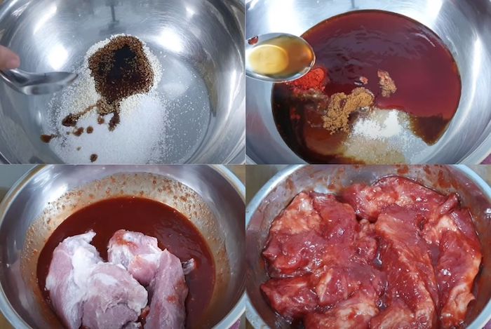 Sau bước sơ chế, bạn hãy ướp thịt heo với gia vị trong khoảng 2 - 3 tiếng 