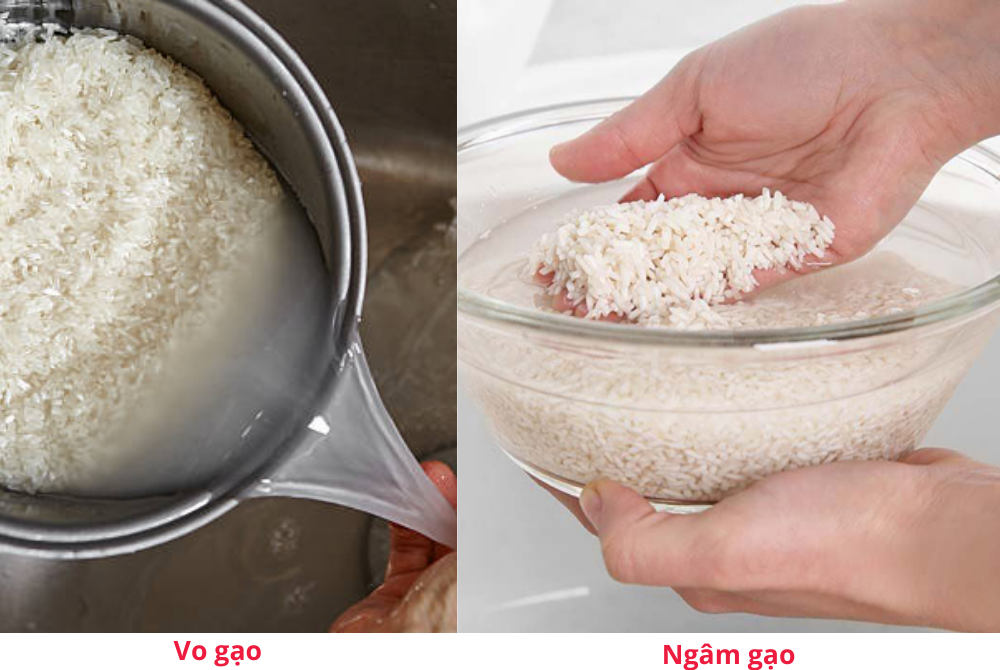 Các bước sơ chế gạo nếp bao gồm vo gạo và ngâm gạo