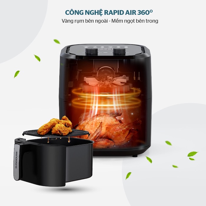 Công nghệ Rapid Air được tích hợp trong nồi chiên không dầu có thể nướng gà nguyên con chín đều từ trong ra ngoài