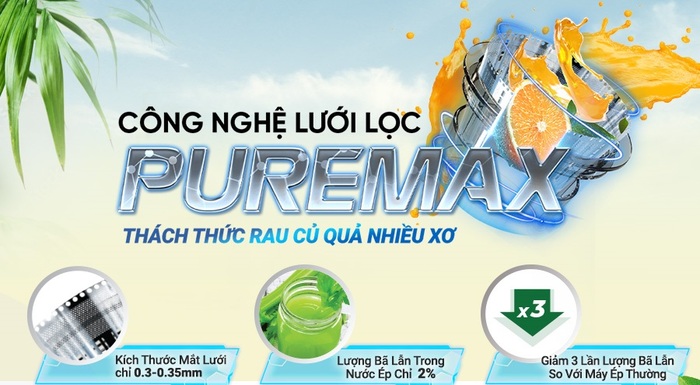 Máy ép chậm SUNHOUSE được trang bị bộ lọc thông minh Puremax có mắt lưới kích thước nhỏ, lượng bã chỉ 2% 