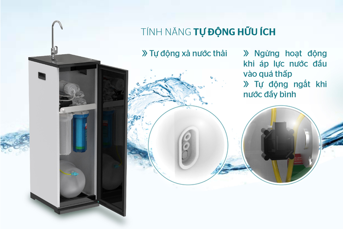 Máy lọc nước sở hữu hệ thống lọc tự động và các tính năng thông minh mang đến độ tiện lợi vượt trội hơn so với nước uống bình 