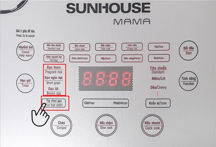 Nồi cơm điện tử SUNHOUSE có chế độ tùy chọn gạo để nấu xôi