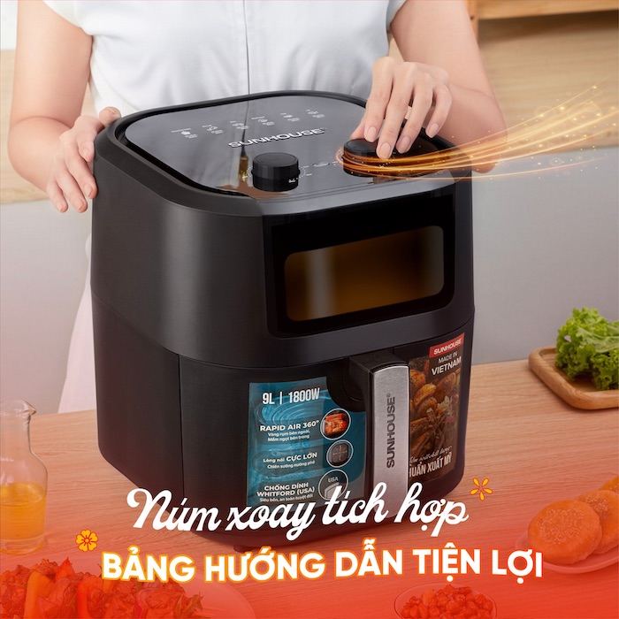 Vịt nướng nồi chiên không dầu có bảng điều khiển cơ học cần được điều chỉnh nhiệt độ 180 độ trong thời gian 30 phút để có món vịt nướng thơm ngon