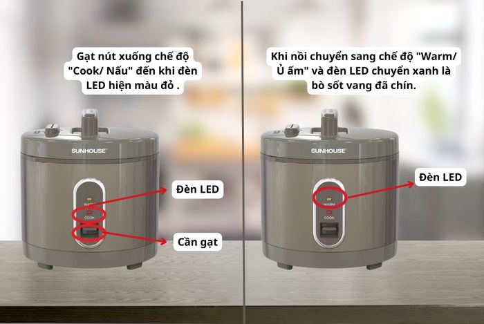 Gạt nút nồi cơm điện cơ xuống chế độ Nấu/ Cook để nồi tiến hành nấu bò sốt vang