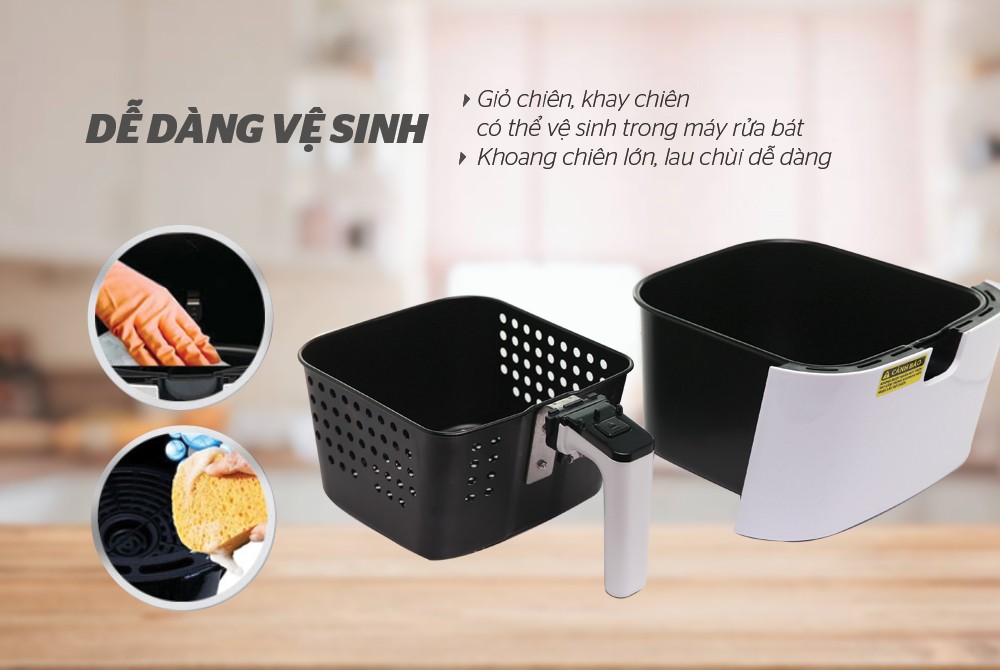 Nồi chiên không dầu có giỏ chiên tách rời so với thân nồi, dễ dàng vệ sinh và lau chùi sau khi sử dụng