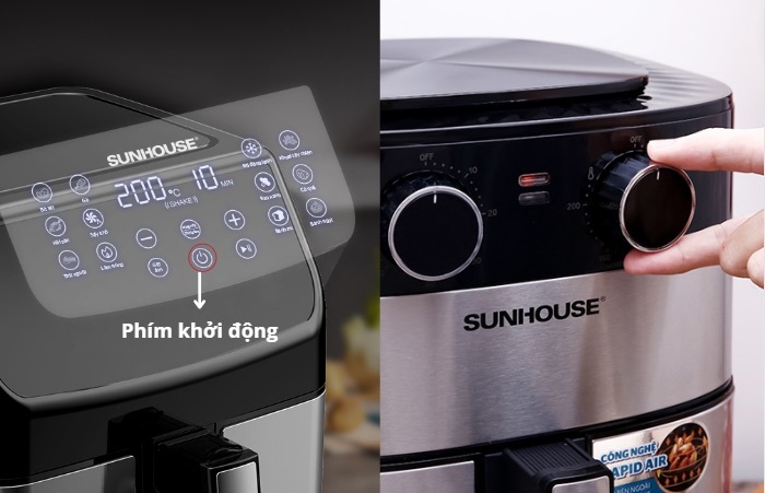 Ấn vào biểu tượng hoặc xoay núm vặn tùy từng loại nồi để khởi động nồi chiên không dầu  