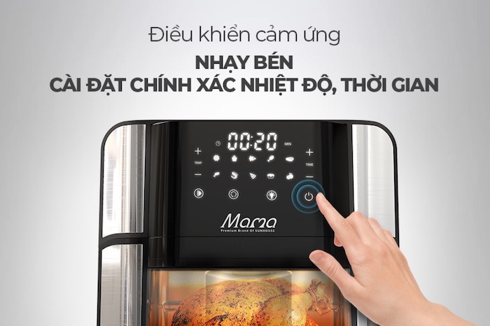 Điều khiển cảm ứng của nồi chiên không dầu SUNHOUSE rất nhạy bén, được cài đặt chính xác nhiệt độ và thời gian