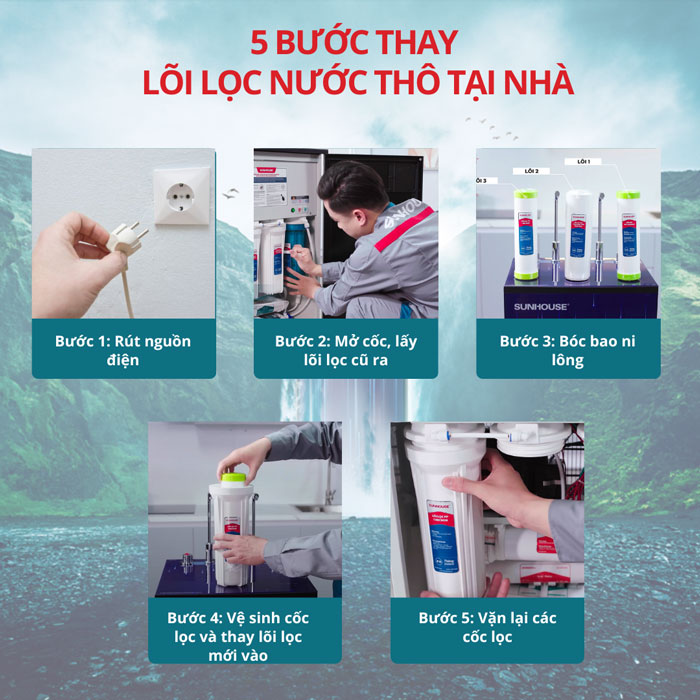Hướng dẫn 5 bước thay lõi lọc nước thô tại nhà đơn giản