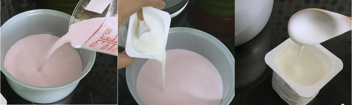 Trộn sữa tươi và sữa đặc chuẩn bị ủ bằng nồi cơm điện