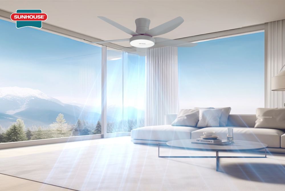Bạn nên ưu tiên các mẫu quạt trần có ty siêu ngắn (10cm) hoặc thiết kế ốp sát trần để giảm tải trọng và lực rung