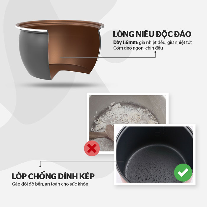 Lòng nồi cơm SUNHOUSE có thiết kế dạng niêu độc đáo giúp gia nhiệt đều, giữ nhiệt tốt cho cơm ngon dẻo