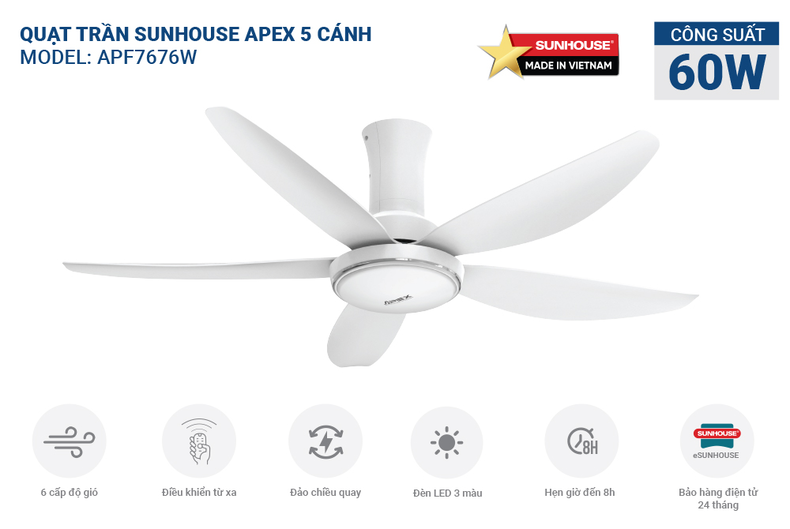 Quạt trần 5 cánh SUNHOUSE APEX APF7676W
