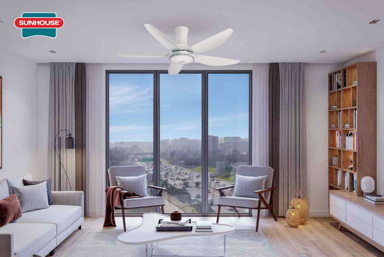 Quạt trần 5 cánh SUNHOUSE APEX APF7676W phù hợp cho không gian phòng ngủ có diện tích lớn hoặc cần làm mát nhanh chóng