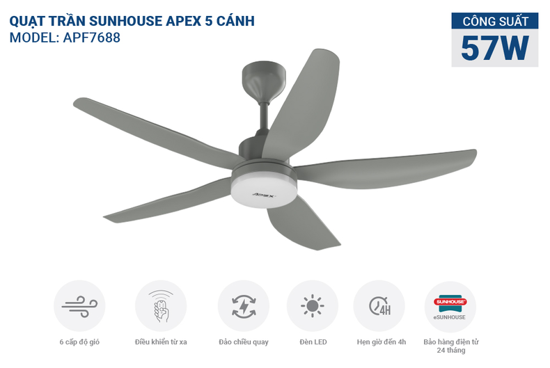 Mẫu quạt trần SUNHOUSE APEX APF7688W
