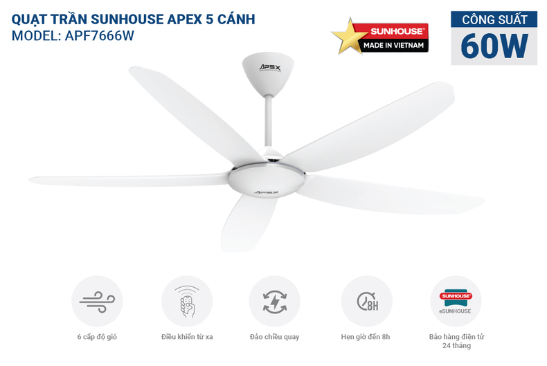 Mẫu quạt trần SUNHOUSE APEX APF7666W