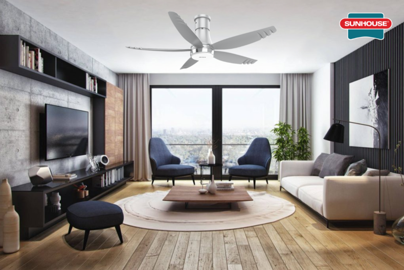 Quạt trần SUNHOUSE APF7681G phù hợp với nội thất tông màu đen, trắng