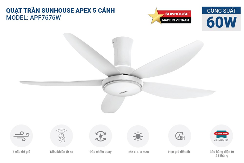 Quạt trần SUNHOUSE APF7676W vận hành êm ái