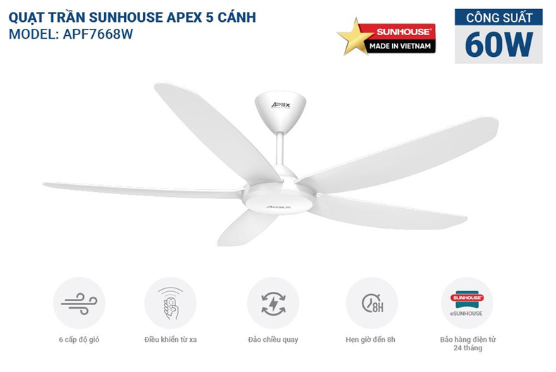 Quạt trần SUNHOUSE APEX APF7668W vận hành êm ái