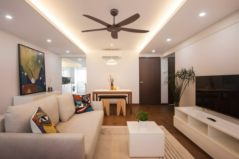 Quạt trần SUNHOUSE APEX APF7665B trong không gian phòng khách chung cư