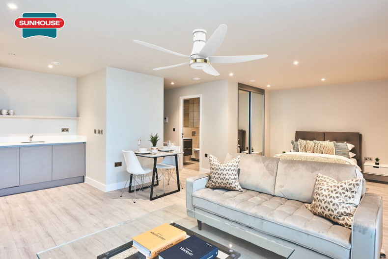 Quạt trần SUNHOUSE APEX APF7680W phù hợp lắp đặt tại phòng khách chung cư hoặc phòng ngủ chung cư