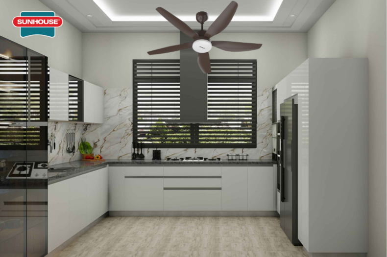 Bố trí quạt trần đèn tiện nghi cho phòng bếp (Nguồn: Internet)
