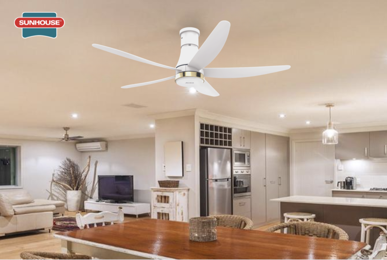Quạt trần SUNHOUSE 5 cánh APF7680W đảm bảo hiệu suất làm mát và chiếu sáng cho phòng khách chung cư
